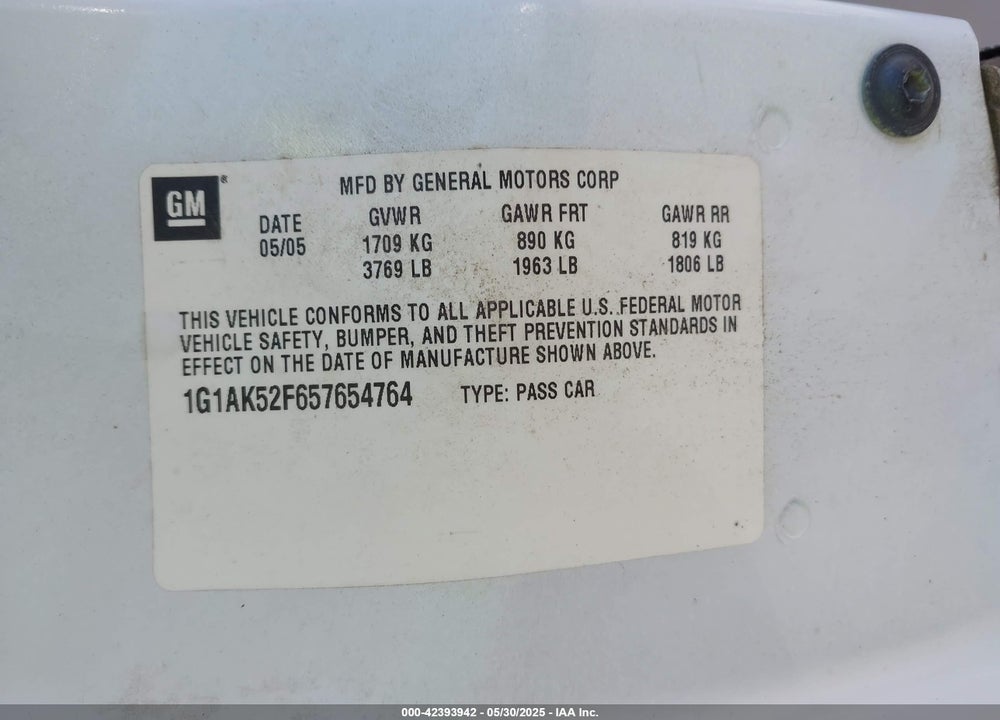 2005 CHEVROLET COBALT VIN: 1G1AK52F657654764