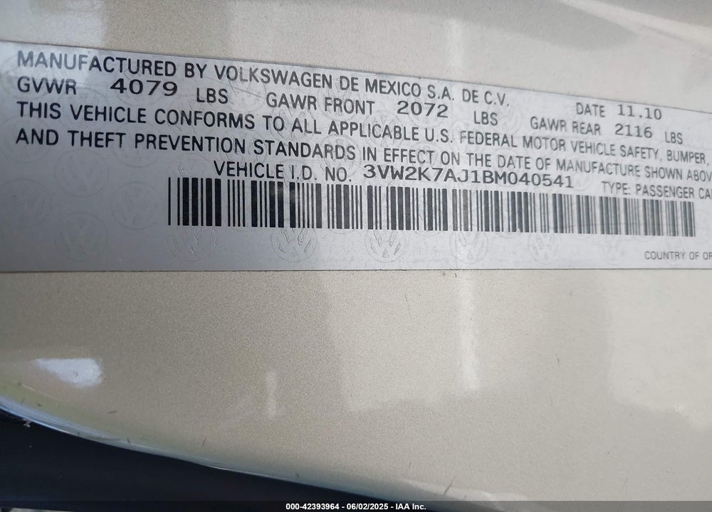 2011 VOLKSWAGEN JETTA 2.0L S VIN: 3VW2K7AJ1BM040541
