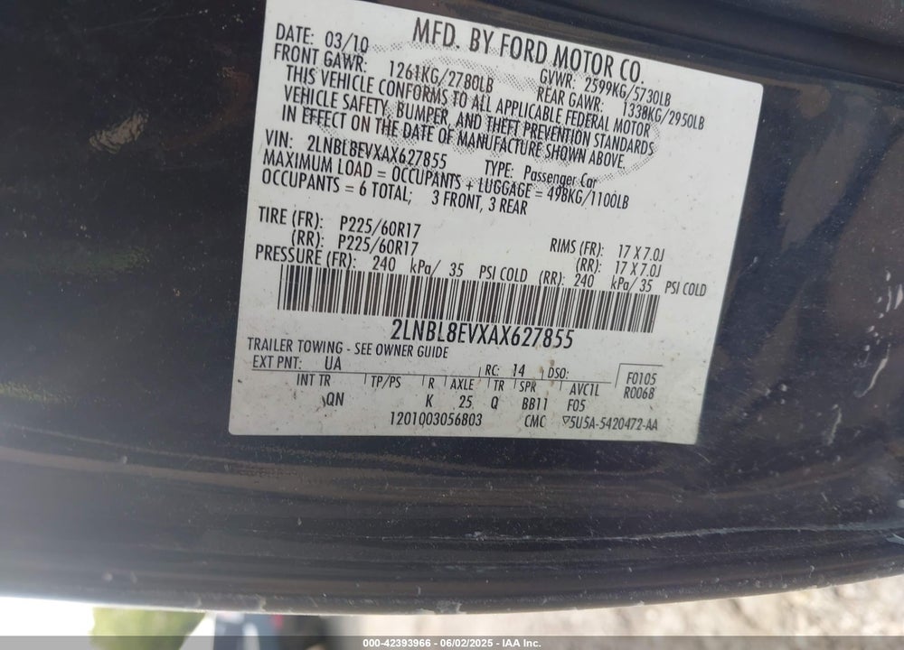 2010 LINCOLN TOWN CAR VIN: 2LNBL8EVXAX627855