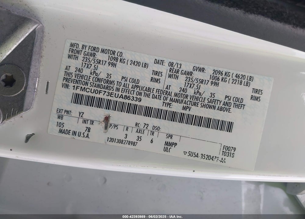2014 FORD ESCAPE S VIN: 1FMCU0F73EUA86339