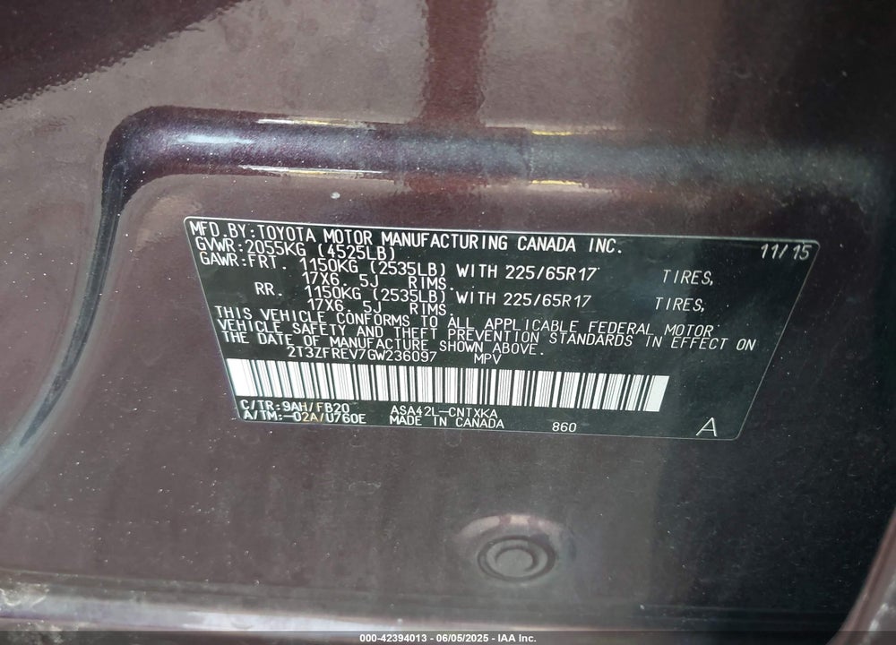 2016 TOYOTA RAV4 LE VIN: 2T3ZFREV7GW236097