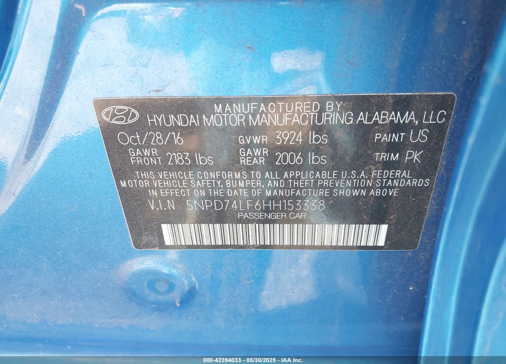 2017 HYUNDAI ELANTRA VIN: 5NPD74LF6HH153338