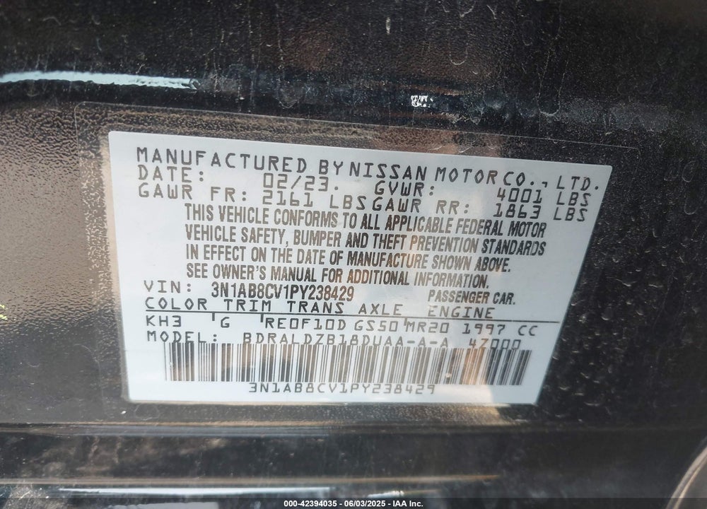 2023 NISSAN SENTRA VIN: 3N1AB8CV1PY238429