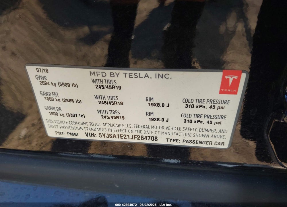 2018 TESLA MODEL S VIN: 5YJSA1E21JF264708