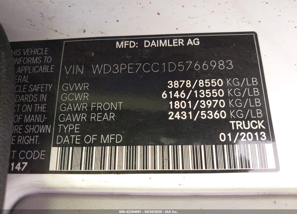 2013 MERCEDES-BENZ SPRINTER 2500 VIN: WD3PE7CC1D5766983