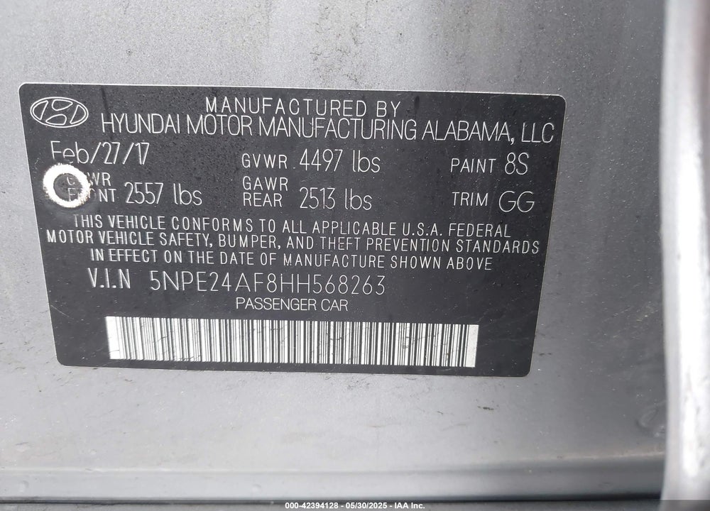 2017 HYUNDAI SONATA SE VIN: 5NPE24AF8HH568263