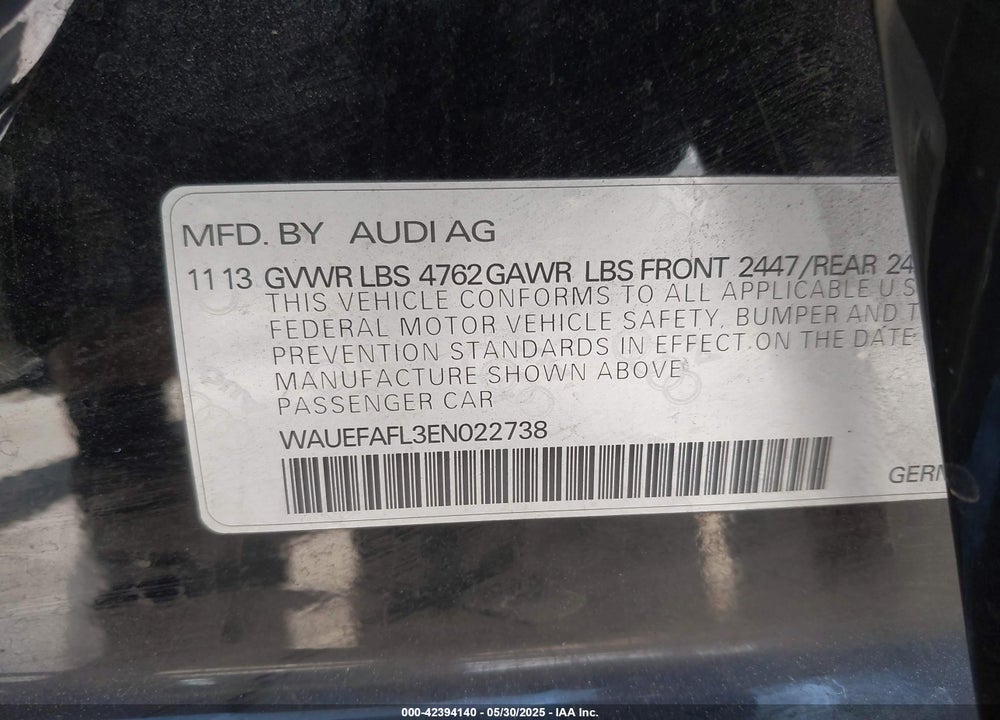 2014 AUDI A4 2.0T PREMIUM VIN: WAUEFAFL3EN022738