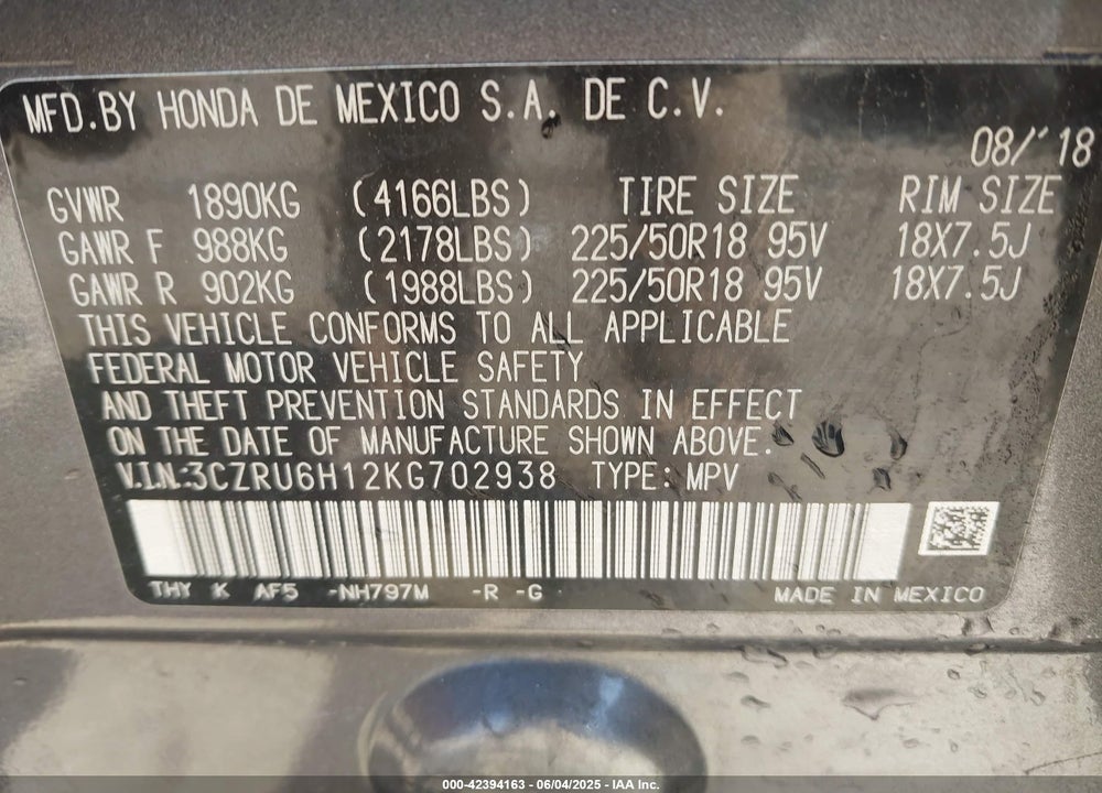 2019 HONDA HR-V VIN: 3CZRU6H12KG702938