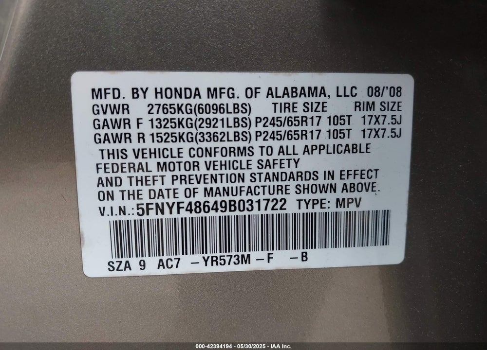 2009 HONDA PILOT VIN: 5FNYF48649B031722