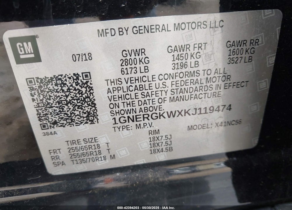 2019 CHEVROLET TRAVERSE VIN: 1GNERGKWXKJ119474