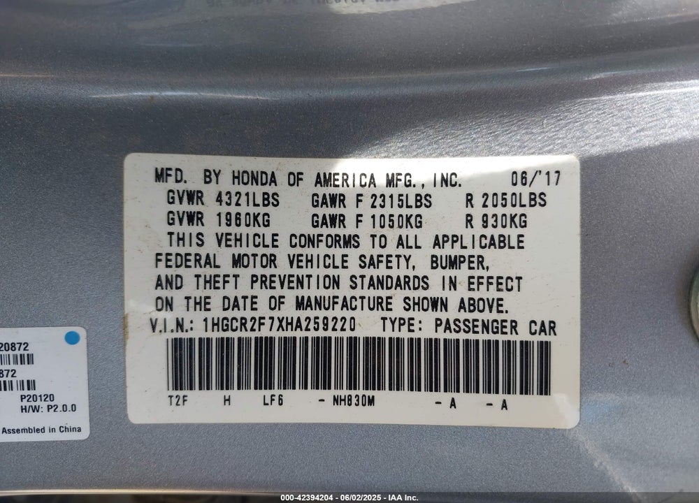 2017 HONDA ACCORD VIN: 1HGCR2F7XHA259220