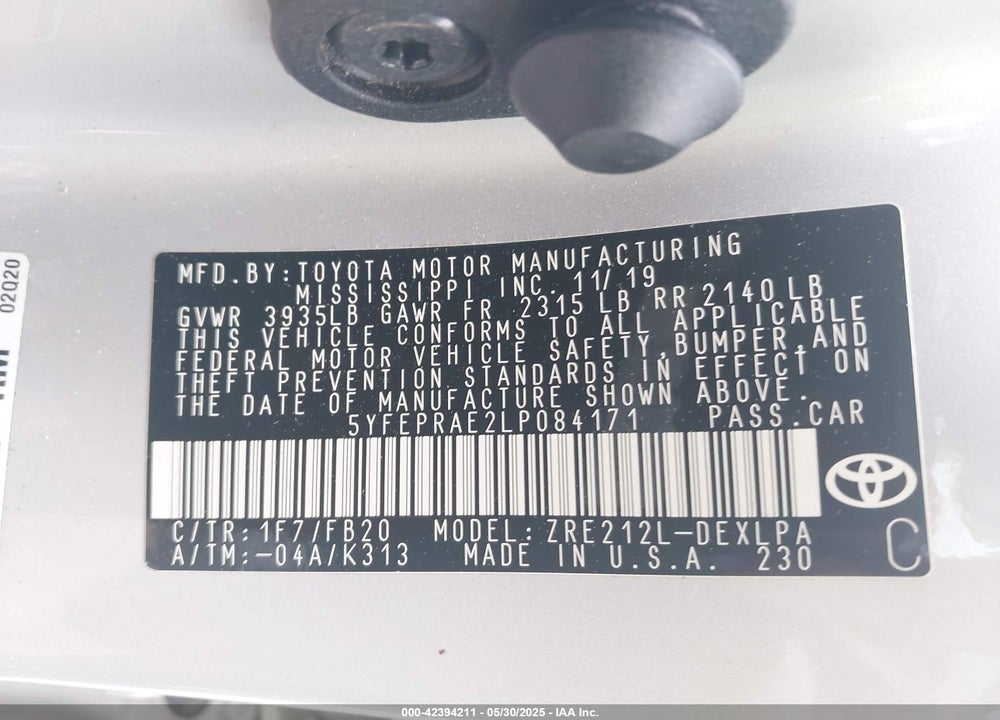 2020 TOYOTA COROLLA VIN: 5YFEPRAE2LP084171