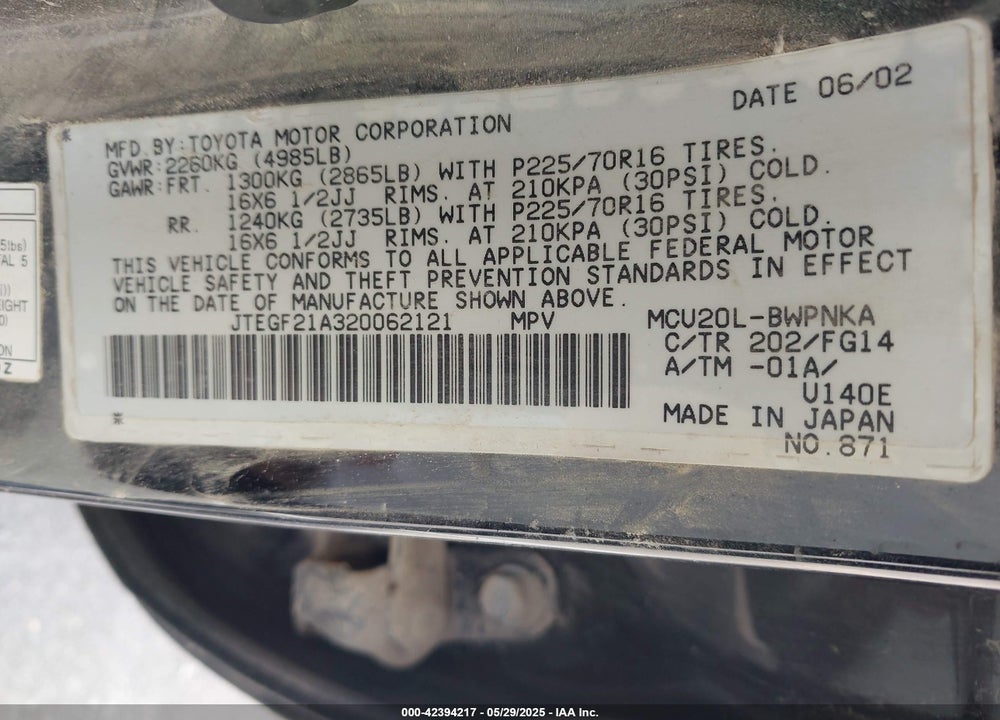 2002 TOYOTA HIGHLANDER V6 VIN: JTEGF21A320062121