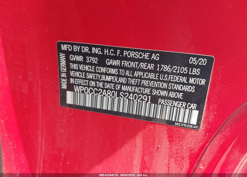 2020 PORSCHE 718 SPYDER VIN: WP0CC2A80LS240291