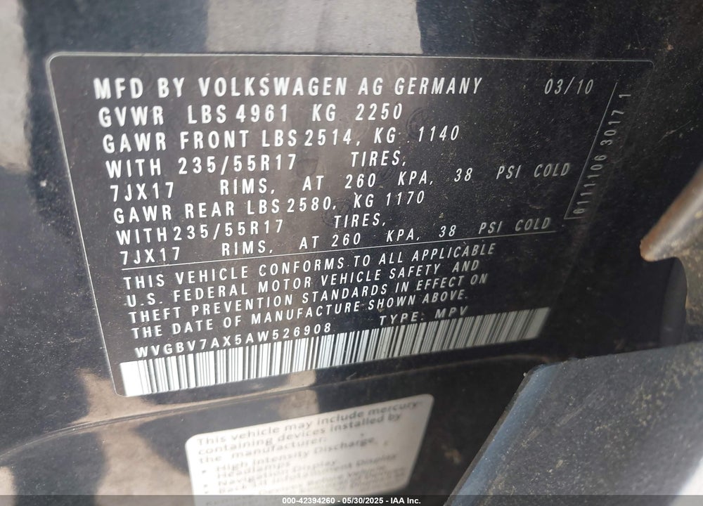 2010 VOLKSWAGEN TIGUAN VIN: WVGBV7AX5AW526908