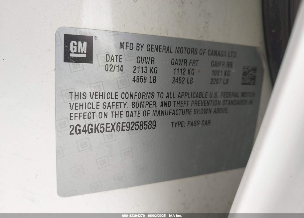 2014 BUICK REGAL VIN: 2G4GK5EX6E9258589