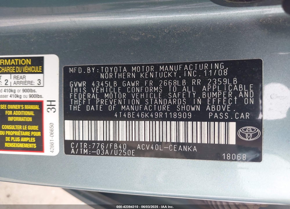 2009 TOYOTA CAMRY LE VIN: 4T4BE46K49R118909