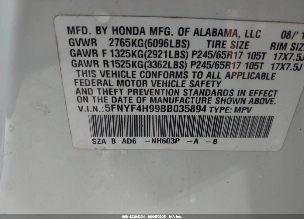 2011 HONDA PILOT TOURING VIN: 5FNYF4H99BB035894