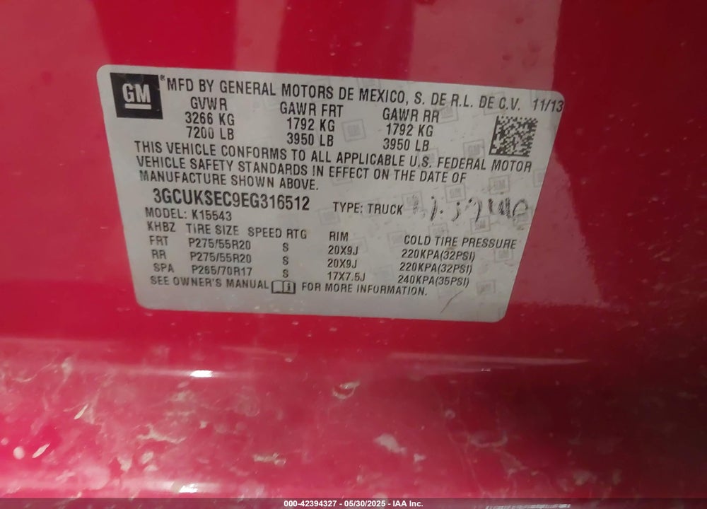 2014 CHEVROLET SILVERADO 1500 VIN: 3GCUKSEC9EG316512
