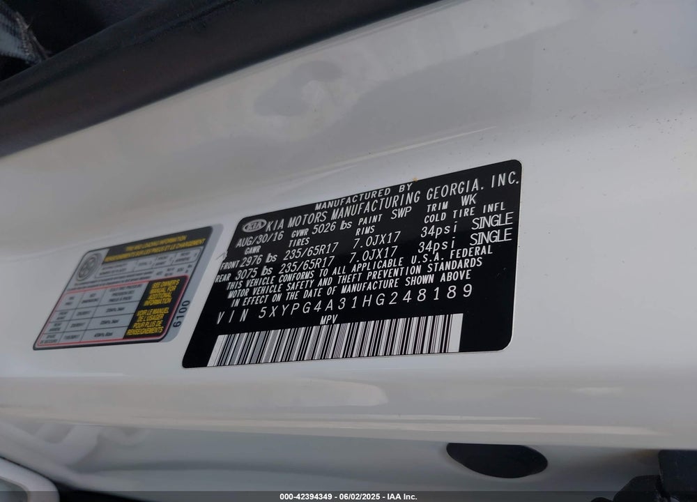 2017 KIA SORENTO 2.4L LX VIN: 5XYPG4A31HG248189