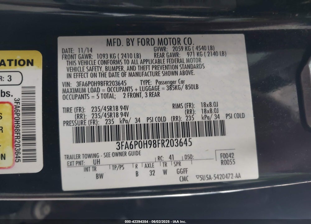 2015 FORD FUSION SE VIN: 3FA6P0H98FR203645