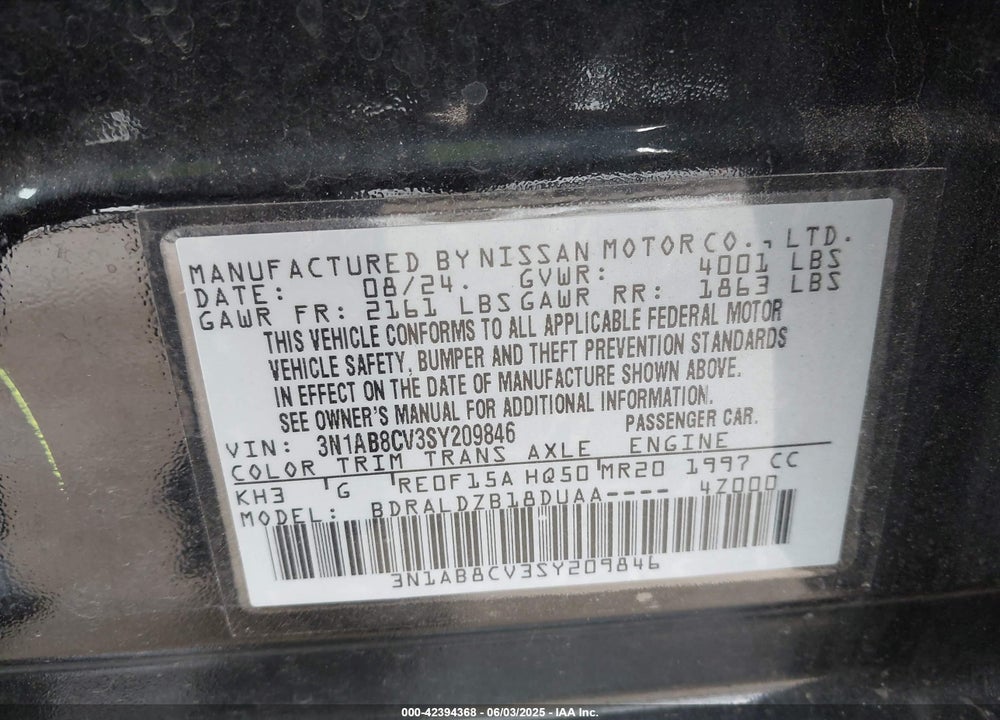 2025 NISSAN SENTRA VIN: 3N1AB8CV3SY209846