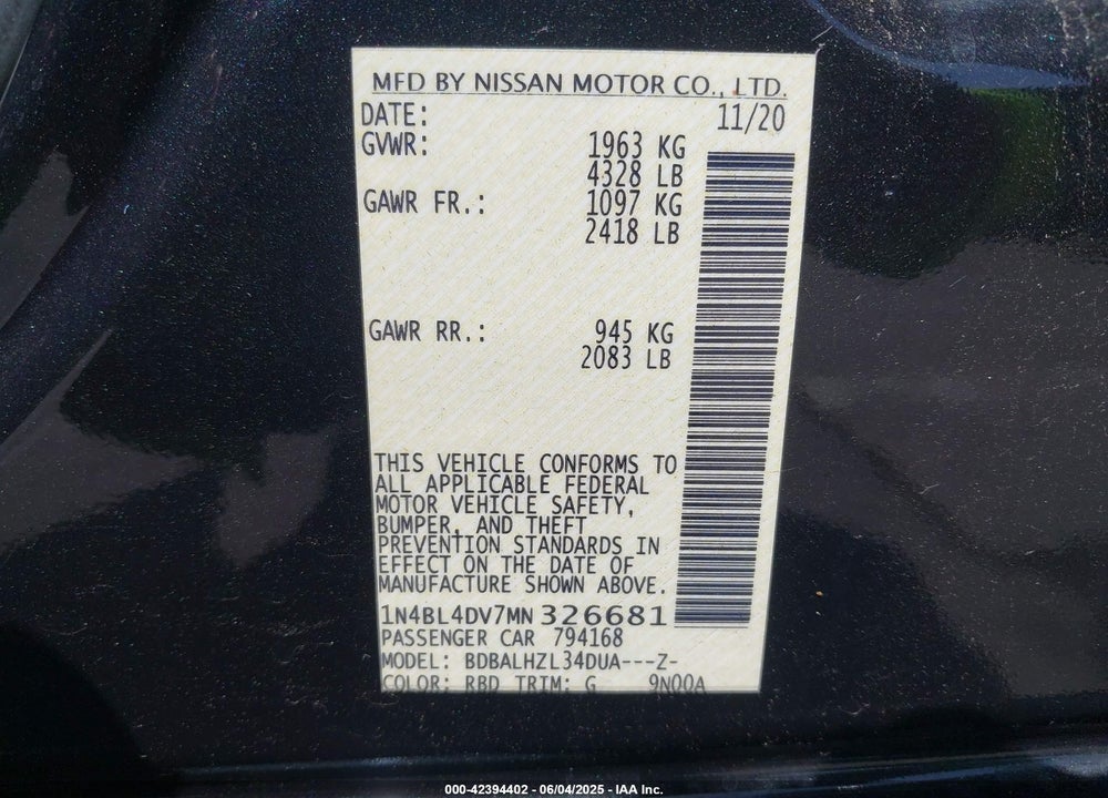 2021 NISSAN ALTIMA VIN: 1N4BL4DV7MN326681