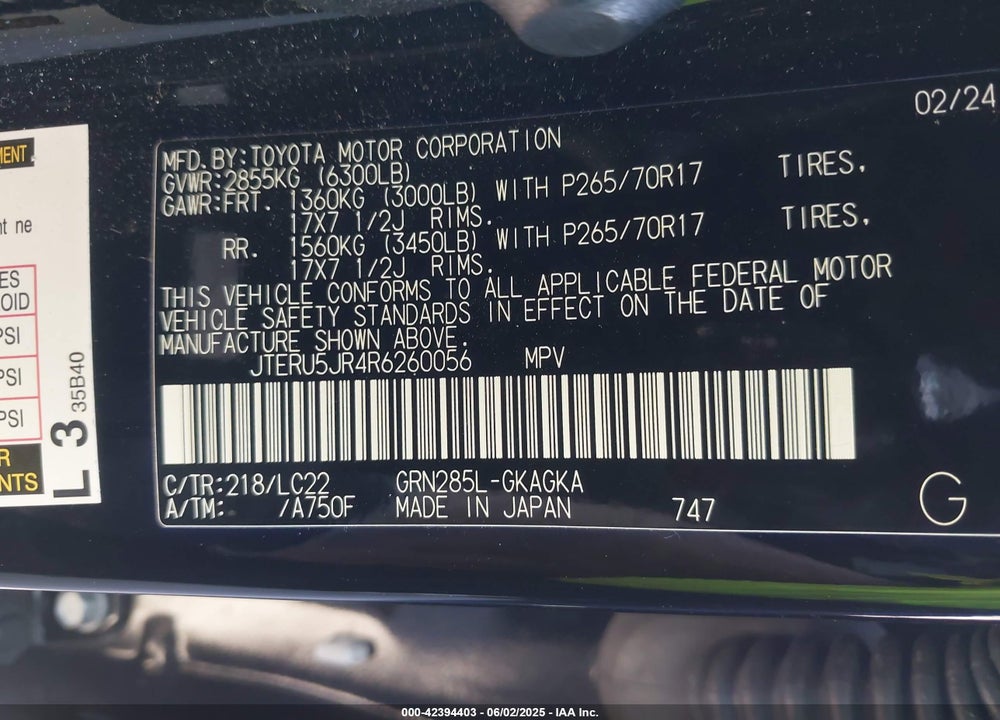 2024 TOYOTA 4RUNNER VIN: JTERU5JR4R6260056