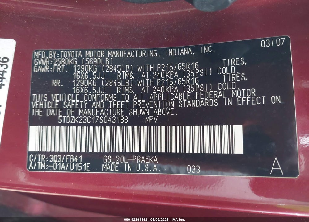 2007 TOYOTA SIENNA CE VIN: 5TDZK23C17S043188
