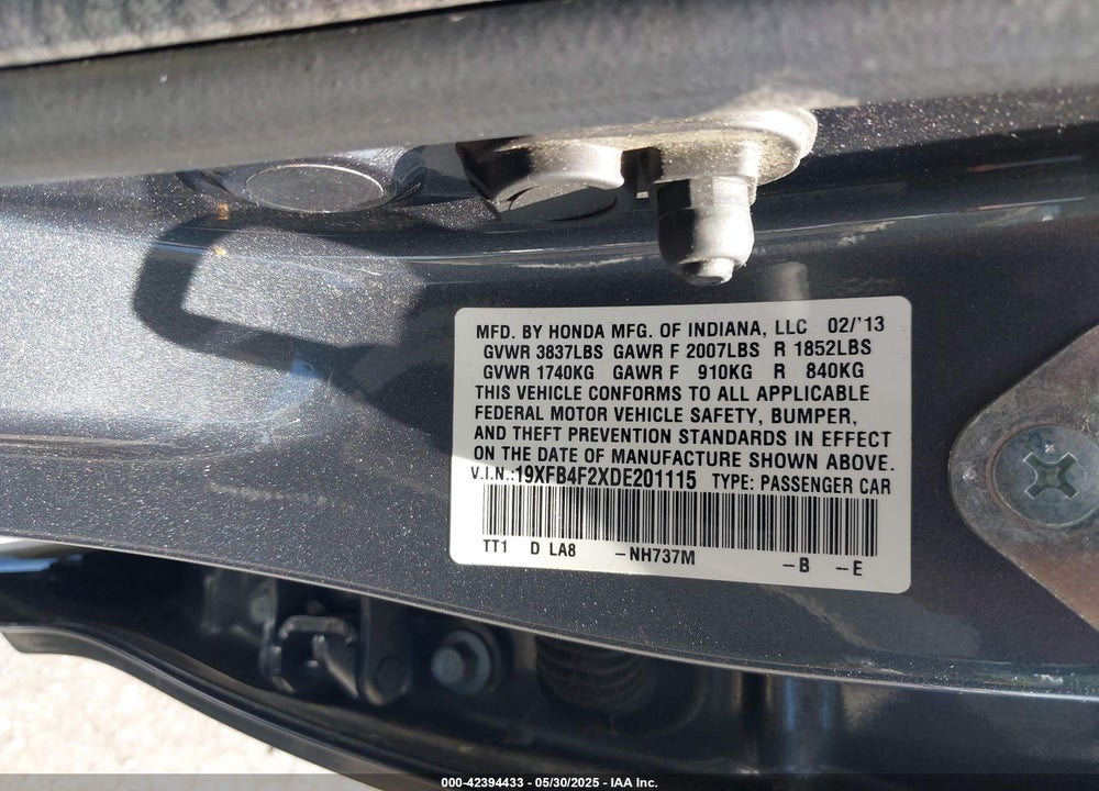 2013 HONDA CIVIC HYBRID VIN: 19XFB4F2XDE201115