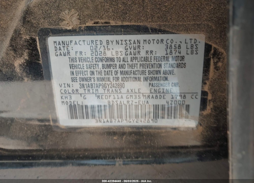 2016 NISSAN SENTRA SR VIN: 3N1AB7AP9GY242890