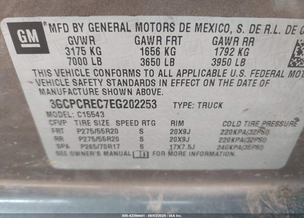 2014 CHEVROLET SILVERADO 1500 1LT VIN: 3GCPCREC7EG202253