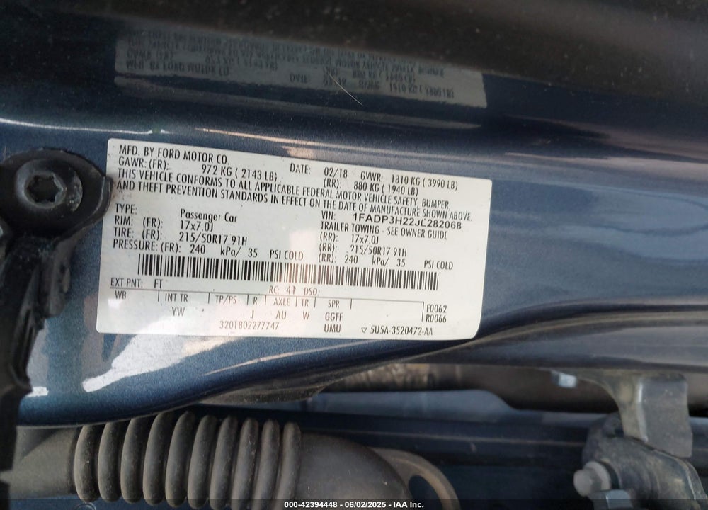 2018 FORD FOCUS VIN: 1FADP3H22JL282068