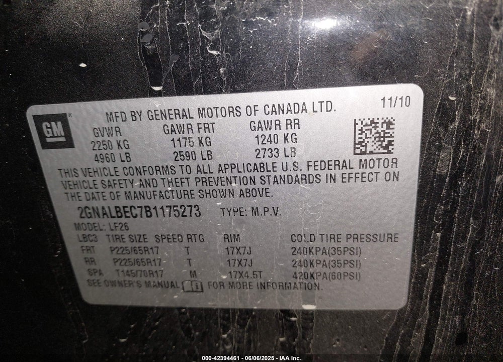 2011 CHEVROLET EQUINOX VIN: 2GNALBEC7B1175273