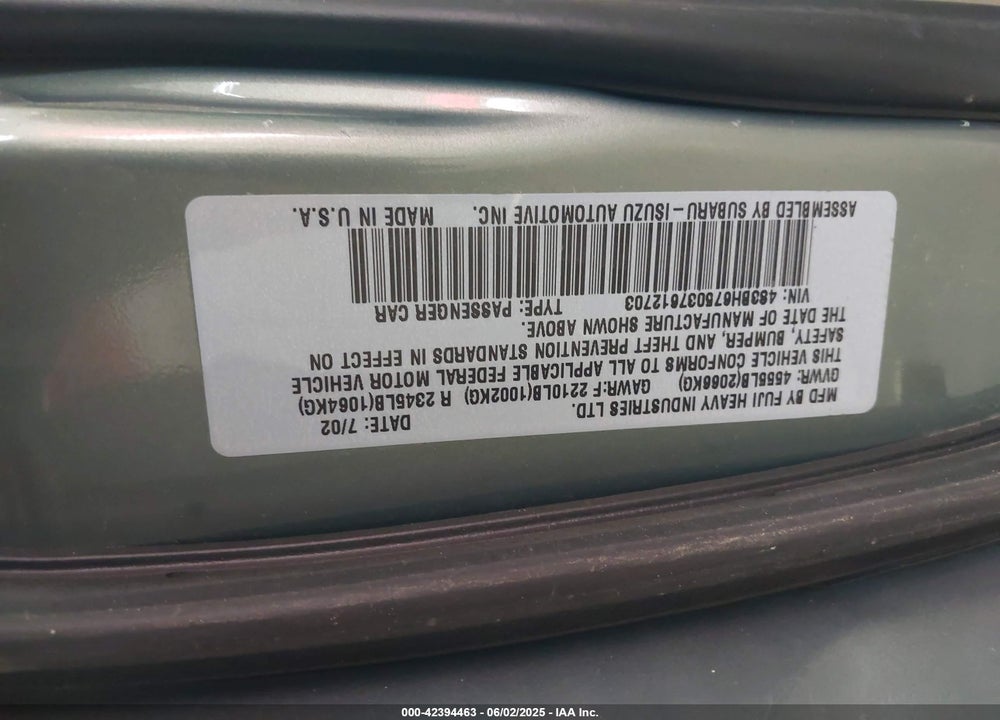 2003 SUBARU OUTBACK VIN: 4S3BH675037612703