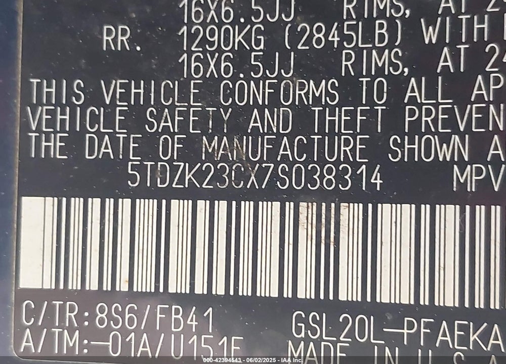 2007 TOYOTA SIENNA VIN: 5TDZK23CX7S038314