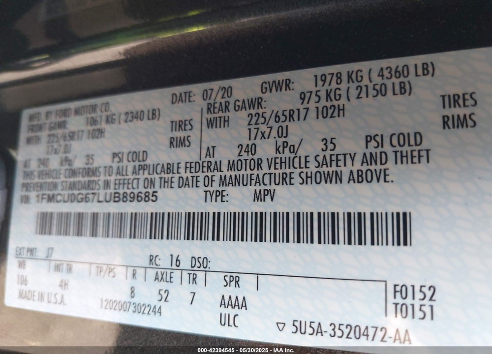 2020 FORD ESCAPE VIN: 1FMCU0G67LUB89685