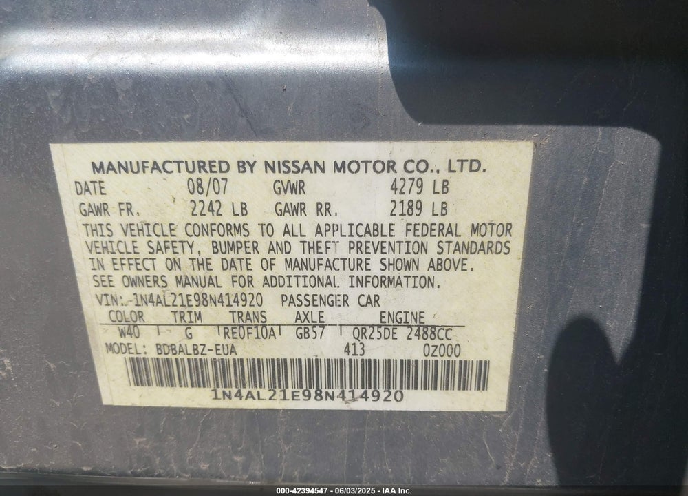 2008 NISSAN ALTIMA 2.5 S VIN: 1N4AL21E98N414920