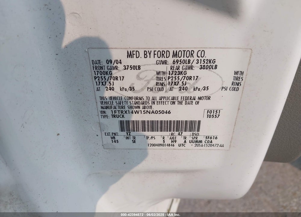 2005 FORD F-150 STX/XL/XLT VIN: 1FTRX14W15NA05046