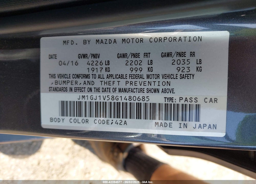 2016 MAZDA MAZDA6 VIN: JM1GJ1V58G1480685