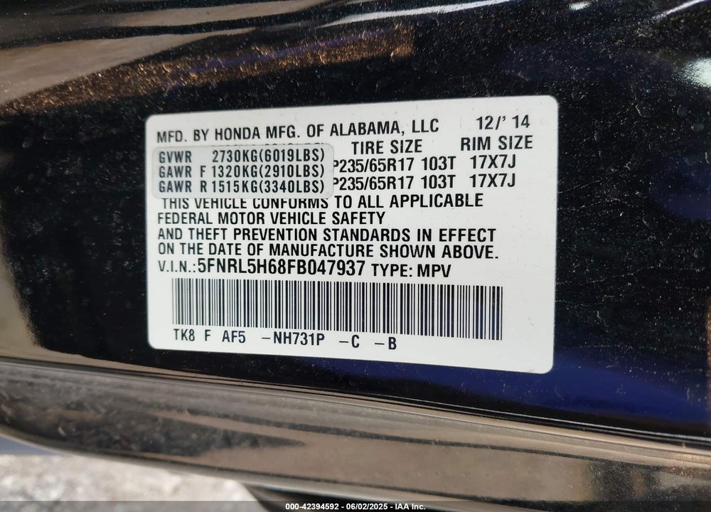 2015 HONDA ODYSSEY VIN: 5FNRL5H68FB047937