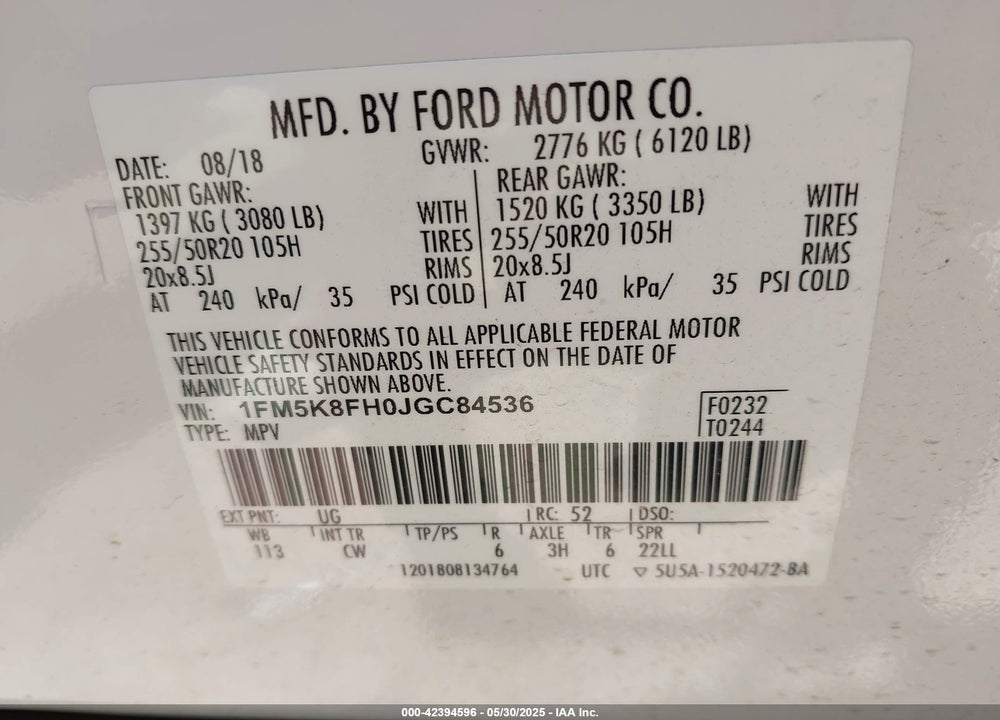2018 FORD EXPLORER LIMITED VIN: 1FM5K8FH0JGC84536