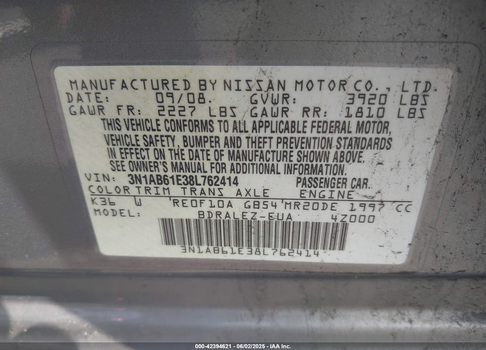 2008 NISSAN SENTRA VIN: 3N1AB61E38L762414