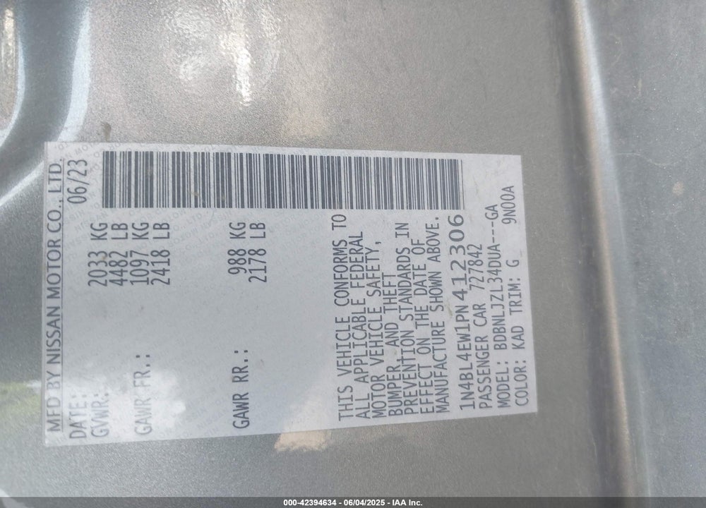 2023 NISSAN ALTIMA VIN: 1N4BL4EW1PN412306