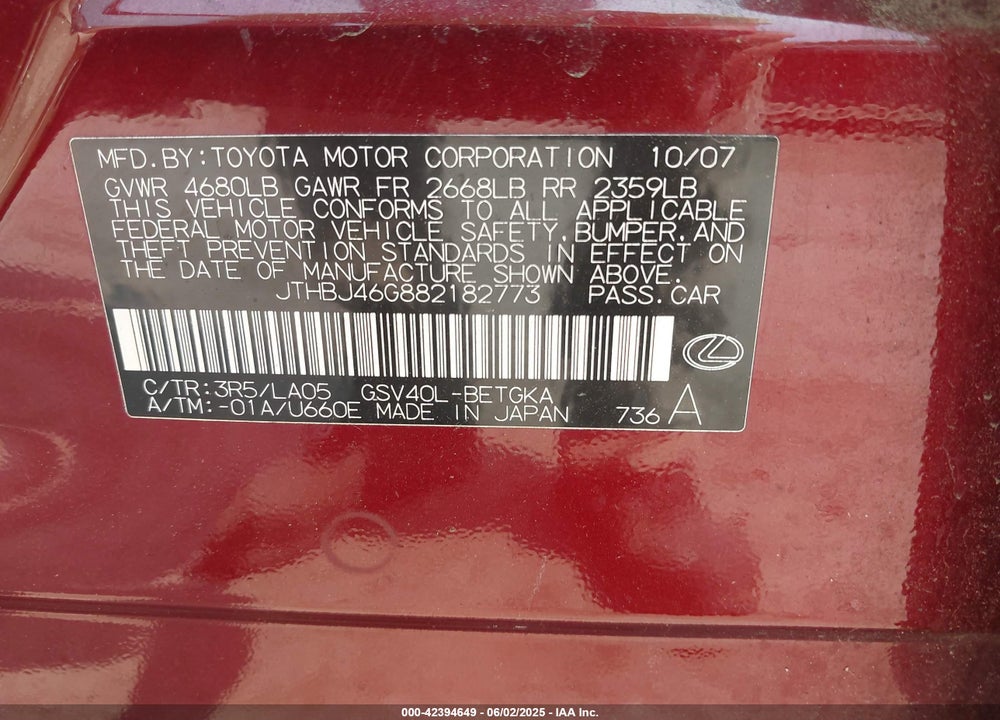 2008 LEXUS ES 350 VIN: JTHBJ46G882182773
