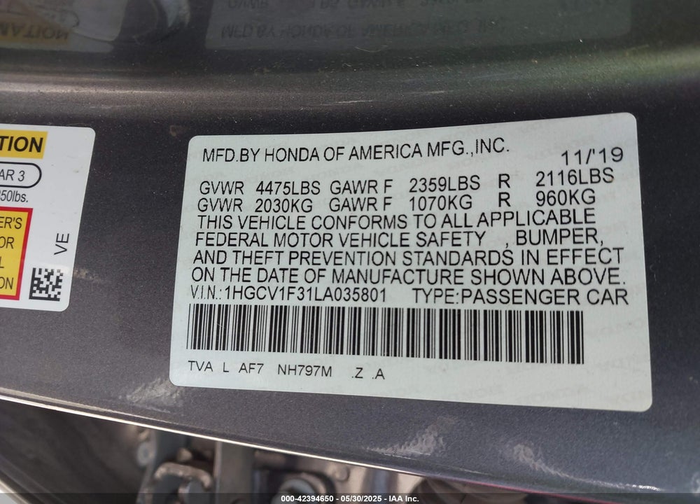 2020 HONDA ACCORD VIN: 1HGCV1F31LA035801