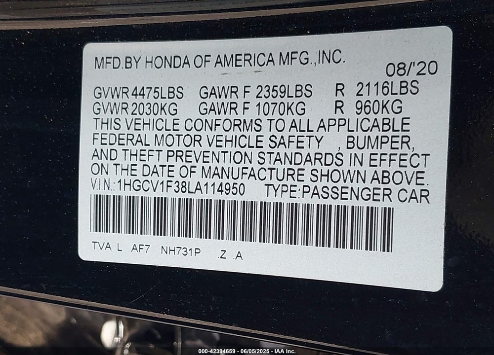 2020 HONDA ACCORD SPORT VIN: 1HGCV1F38LA114950