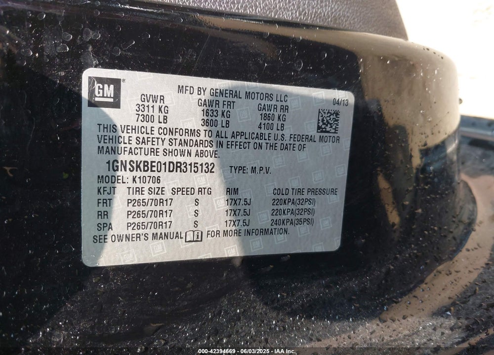 2013 CHEVROLET TAHOE LT VIN: 1GNSKBE01DR315132