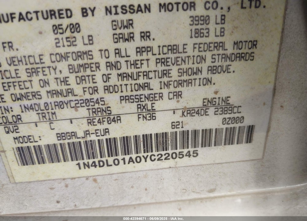 2000 NISSAN ALTIMA GLE/GXE/SE VIN: 1N4DL01A0YC220545