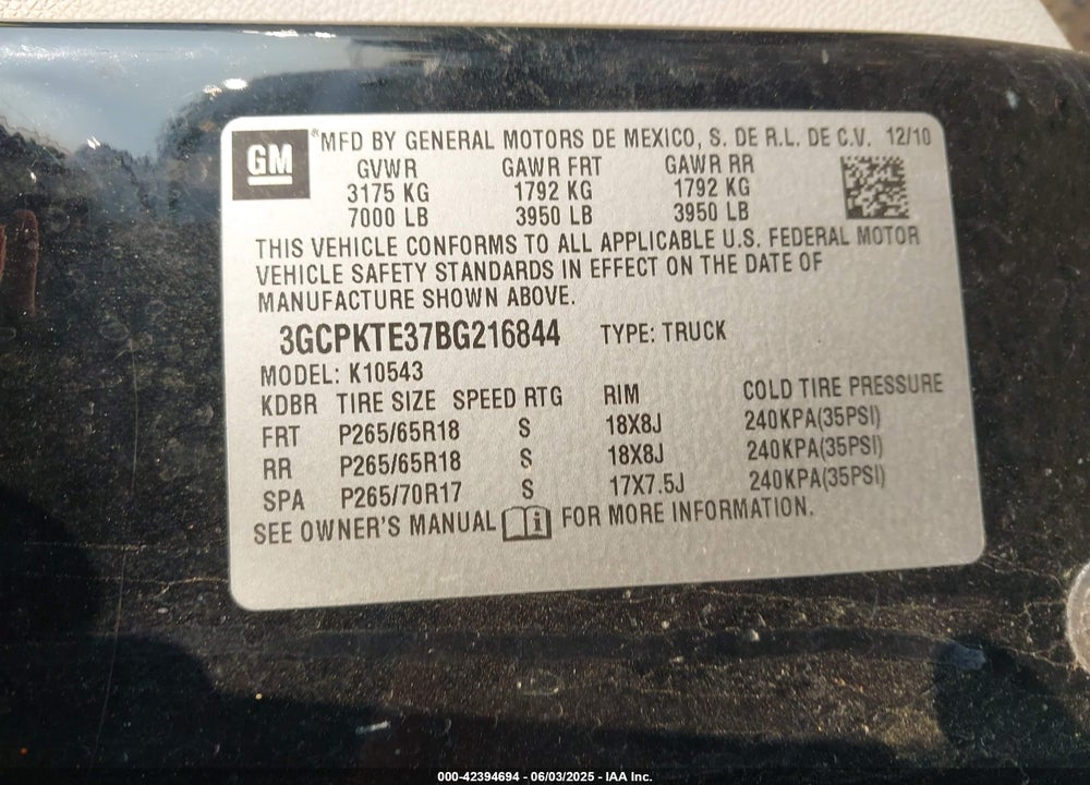 2011 CHEVROLET SILVERADO 1500 VIN: 3GCPKTE37BG216844